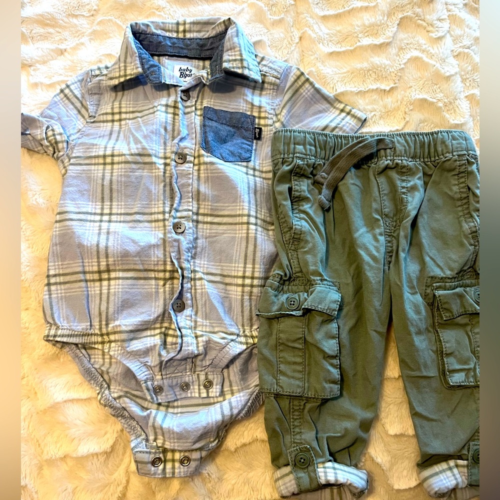 12M Boy Outfit—plaid button up with cargo pants